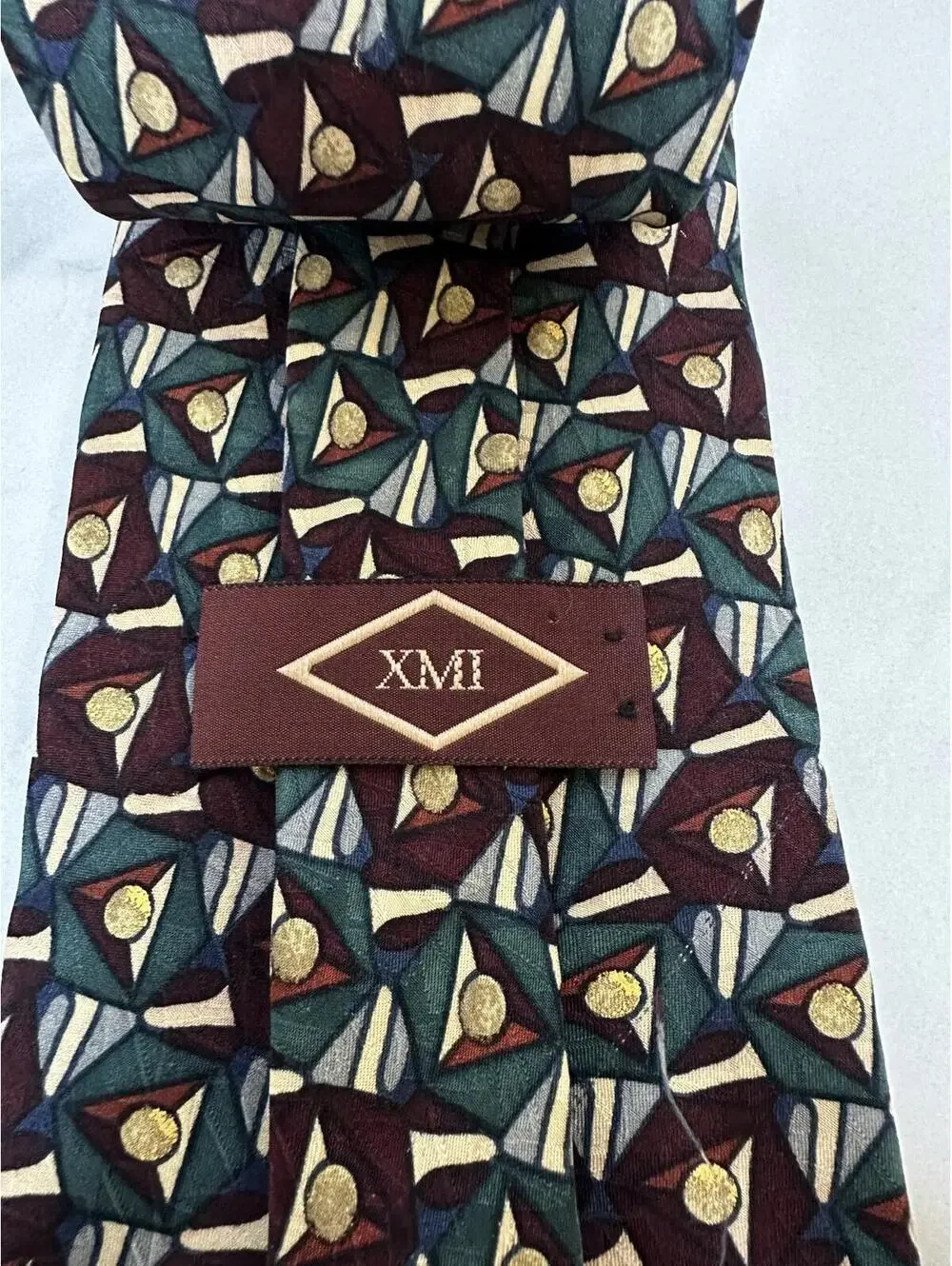 Vintage XMI art deco burgundy/teal/gold/cream bold geometric silk necktie